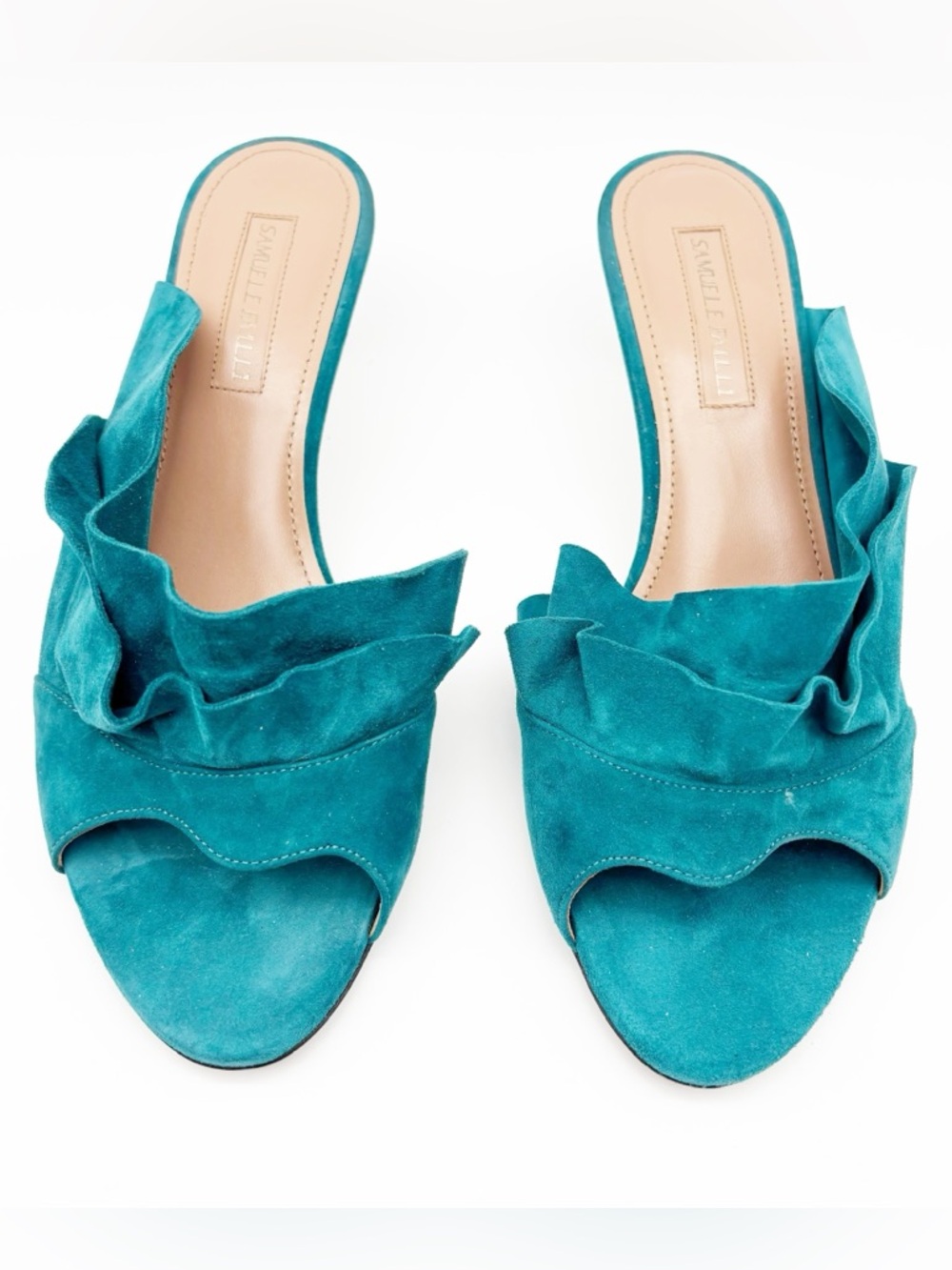 Samuele Failli Chelsie Turquoise Suede Ruffle Kitten Heels Size 37.5‎